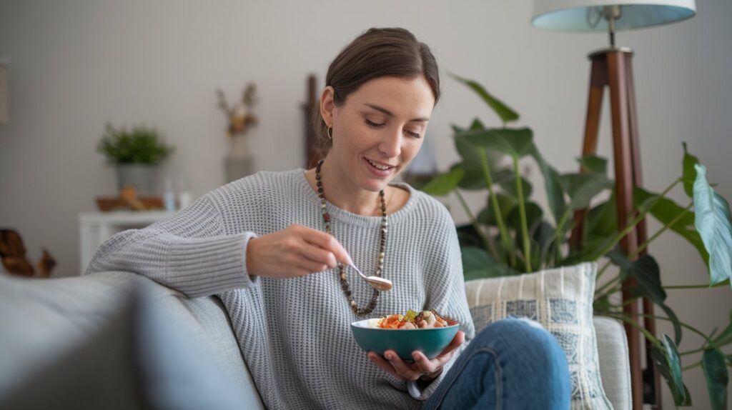 Frau sitzt auf einem Sofa und isst eine Schüssel Müsli.