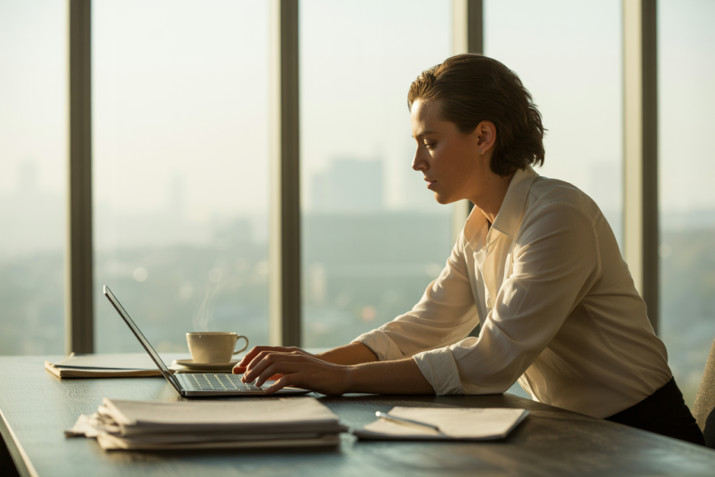 Person arbeitet konzentriert am Laptop an einem Schreibtisch im Büro bei Sonnenlicht – Symbol für Fokus, Produktivität und effizientes Zeitmanagement.