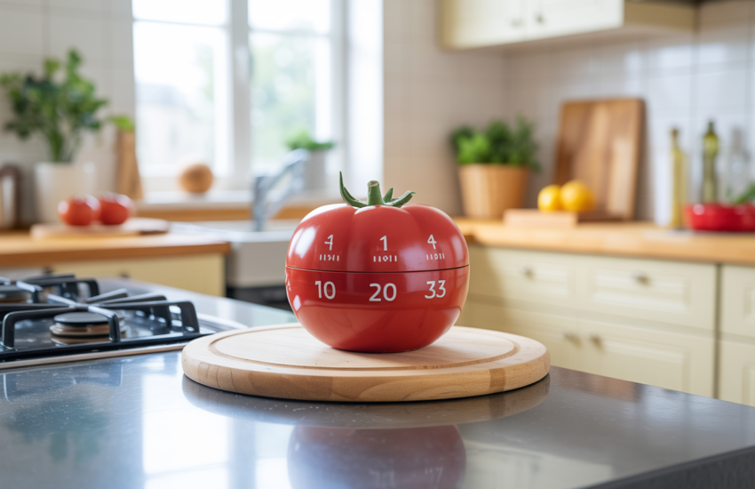 Tomatenförmiger Pomodoro-Timer auf einem Holzbrett in einer hellen Küche – Symbol für die Pomodoro-Technik zur Produktivitätssteigerung und besseren Zeitplanung.