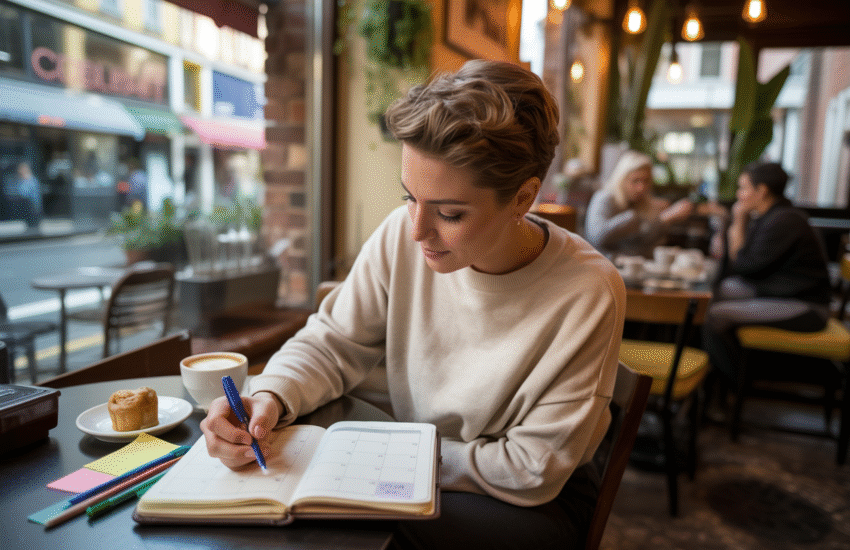 Frau sitzt in einem Café und organisiert ihren Kalender